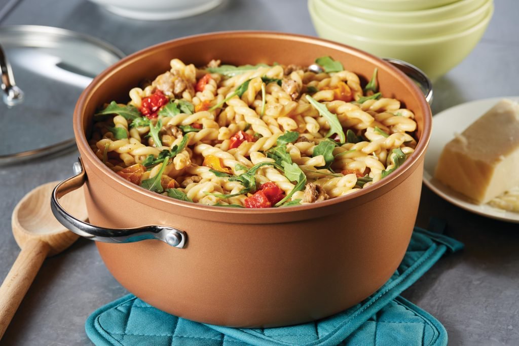 Casserole Pasta with Sausage, Cherry Tomatoes and Arugula