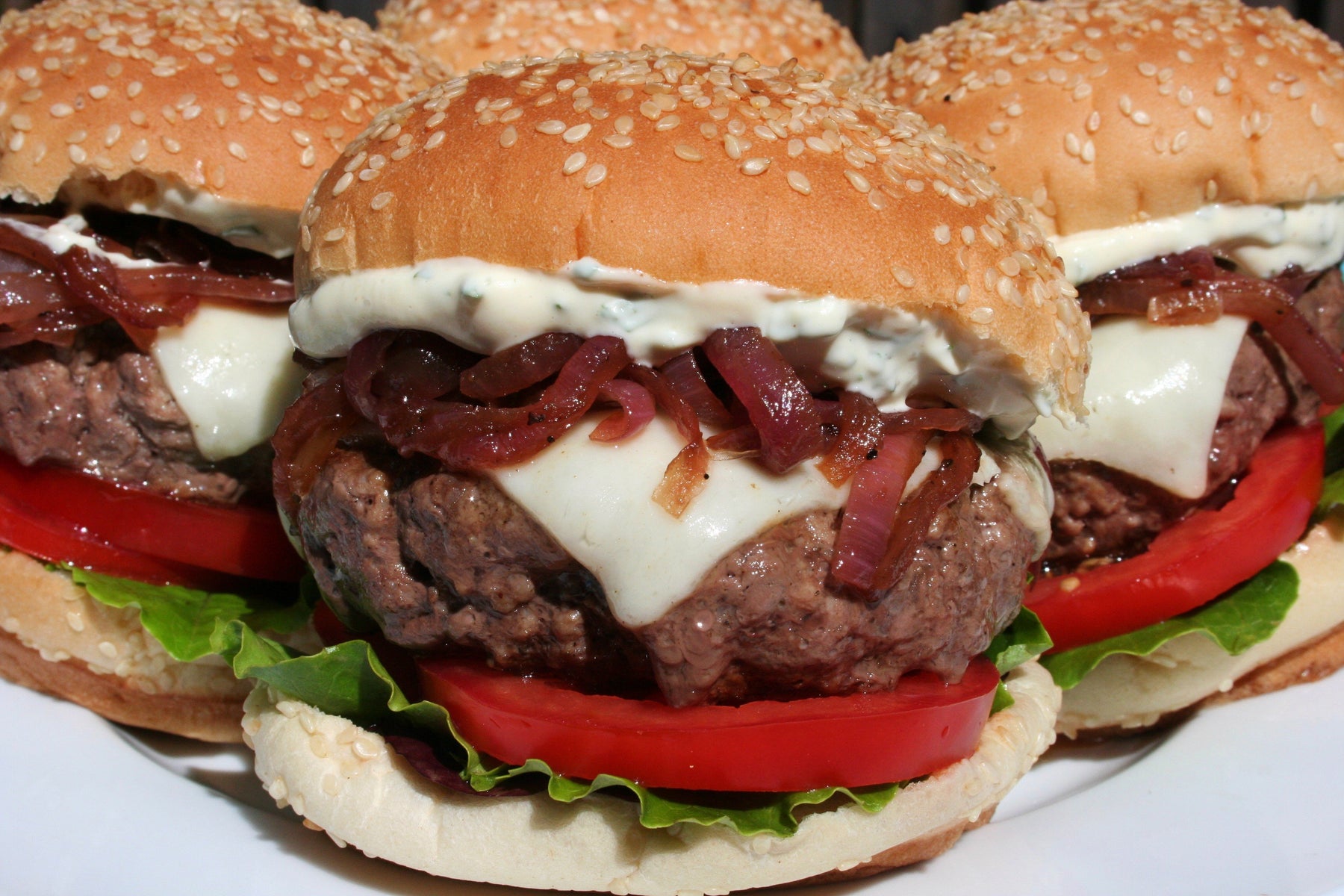 Burger with Caramelized Onions, Asiago, and Basil Mayonnaise