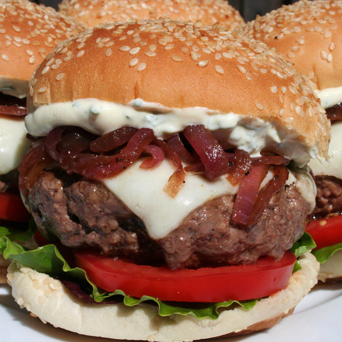 Burger with Caramelized Onions, Asiago, and Basil Mayonnaise