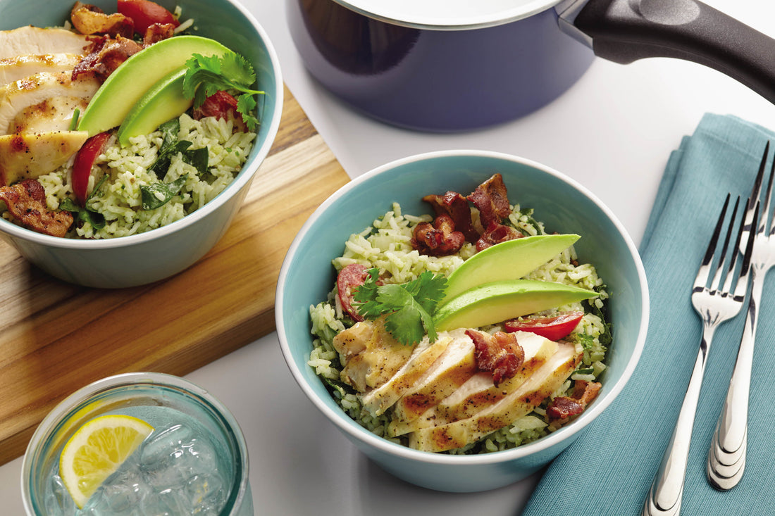 Chicken & Avocado BLT Rice Bowl with Pesto Ranch Dressing