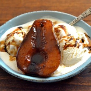 Balsamic Poached Pears with Vanilla Ice Cream