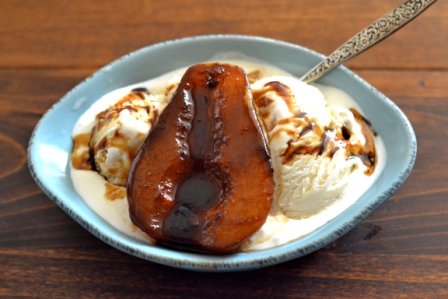 Balsamic Poached Pears with Vanilla Ice Cream