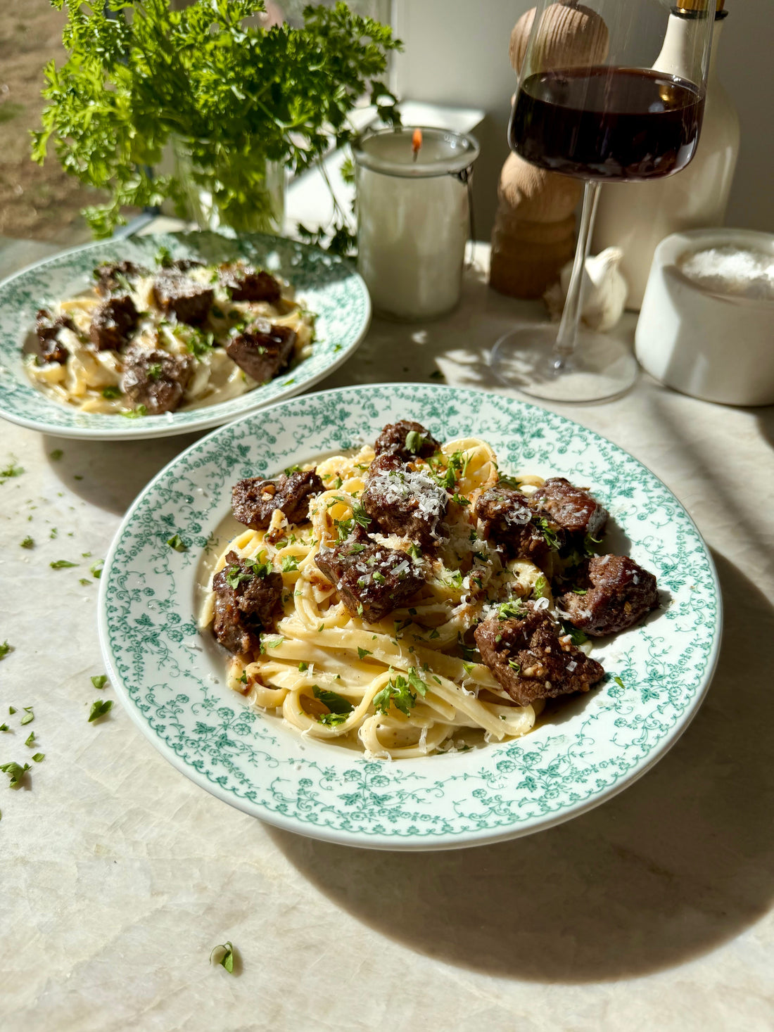 Fettuccine Alfredo with Garlic Butter Steak Bites