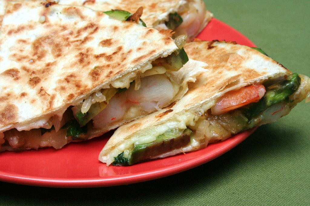 Avocado, Shrimp, and Caramelized Onion Quesadillas