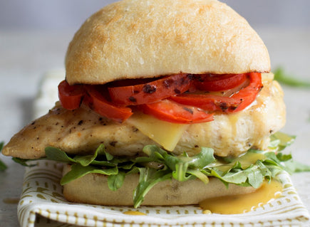 Chicken Burger with Mozzarella, Red Peppers, and Honey Dijon