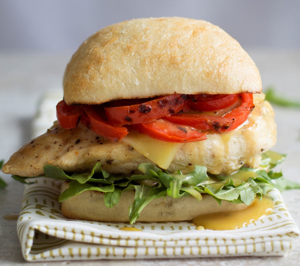 Chicken Burger with Mozzarella, Red Peppers, and Honey Dijon