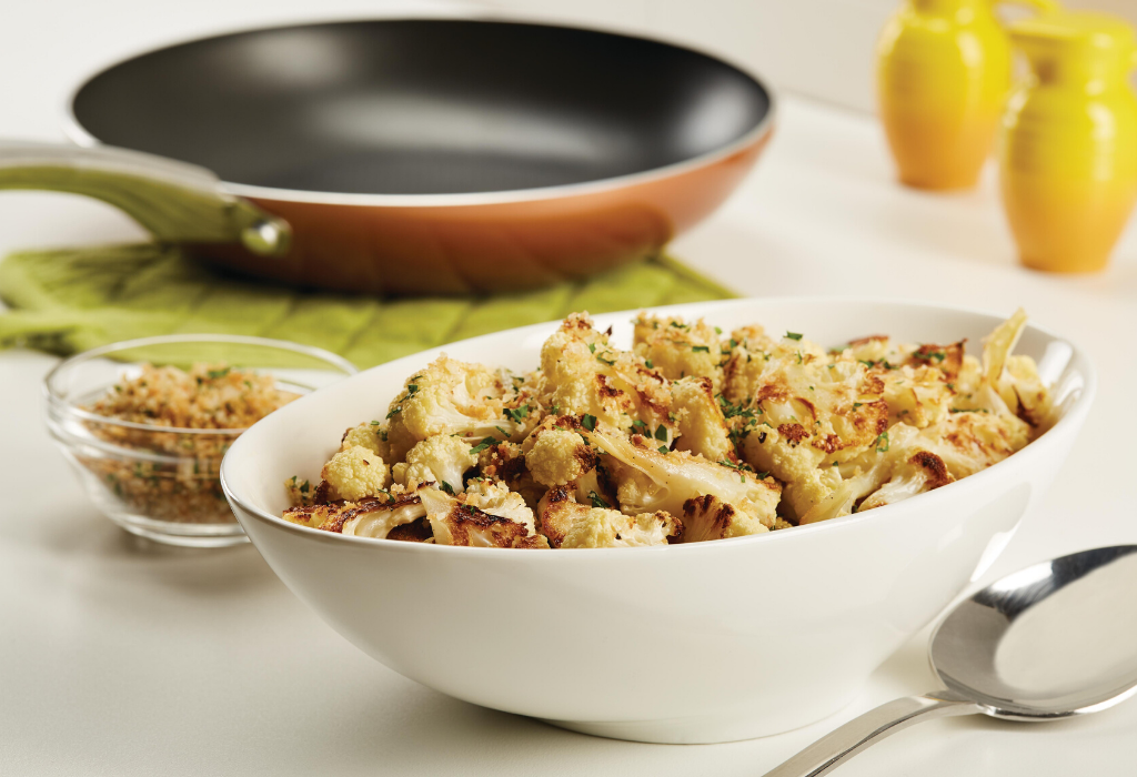 Roasted Cauliflower with Buttery Parmesan Bread Crumb Topping