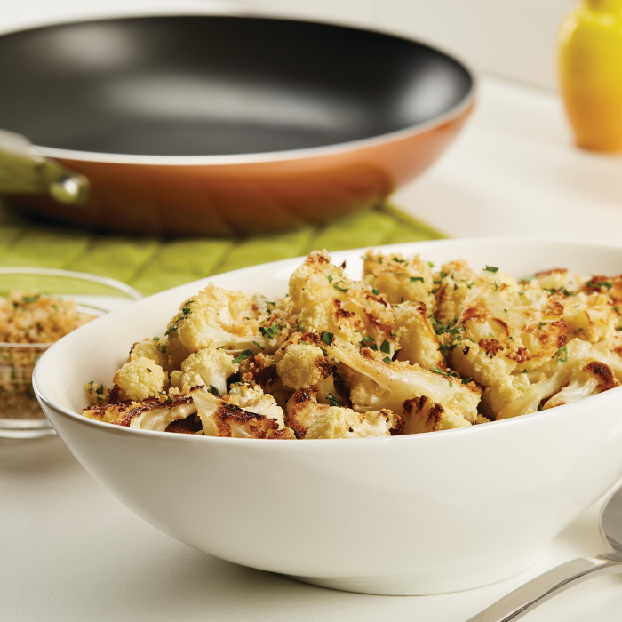 Roasted Cauliflower with Buttery Parmesan Bread Crumb Topping