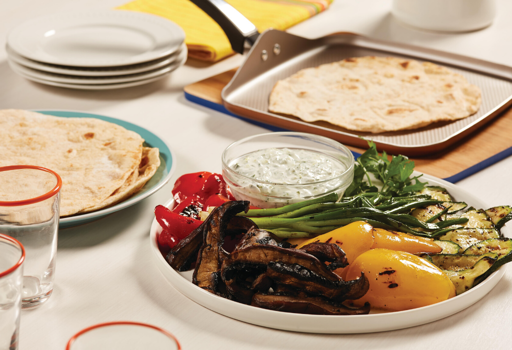 Homemade Naan with Grilled Vegetables and Tzatziki