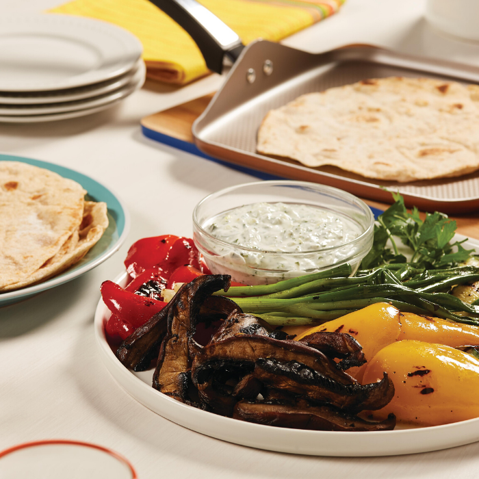 Homemade Naan with Grilled Vegetables and Tzatziki