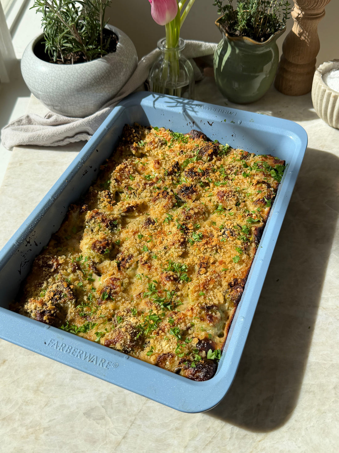 Cheesy Roasted Brussels Sprouts Gratin