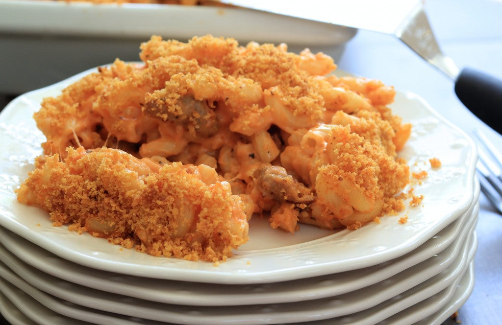 Sausage Macaroni and Cheese with Parmesan Crust