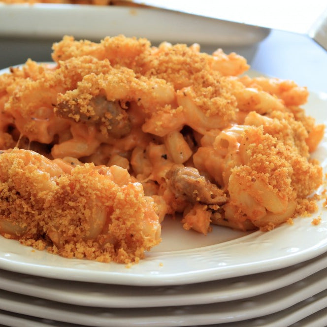 Sausage Macaroni and Cheese with Parmesan Crust