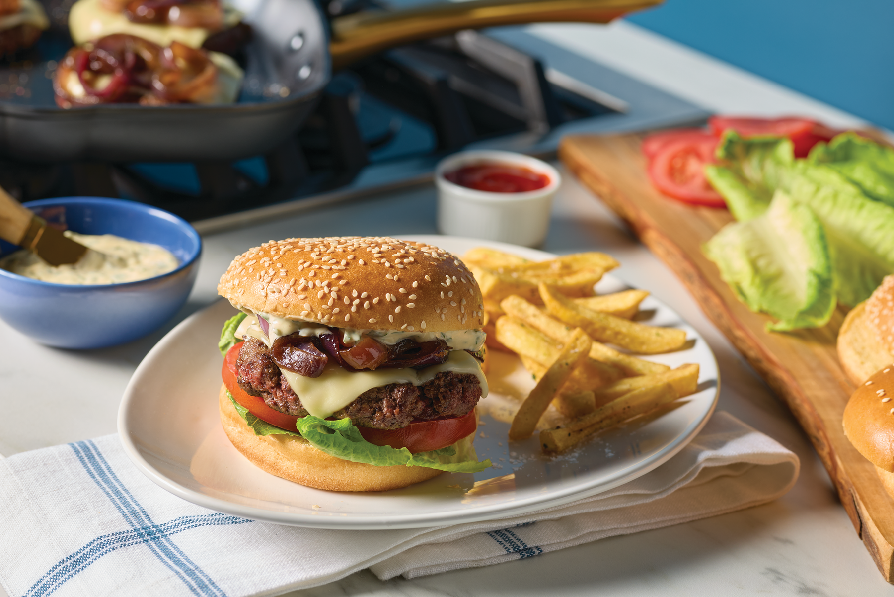 Burger with Caramelized Onions, Asiago, and Basil Mayonnaise