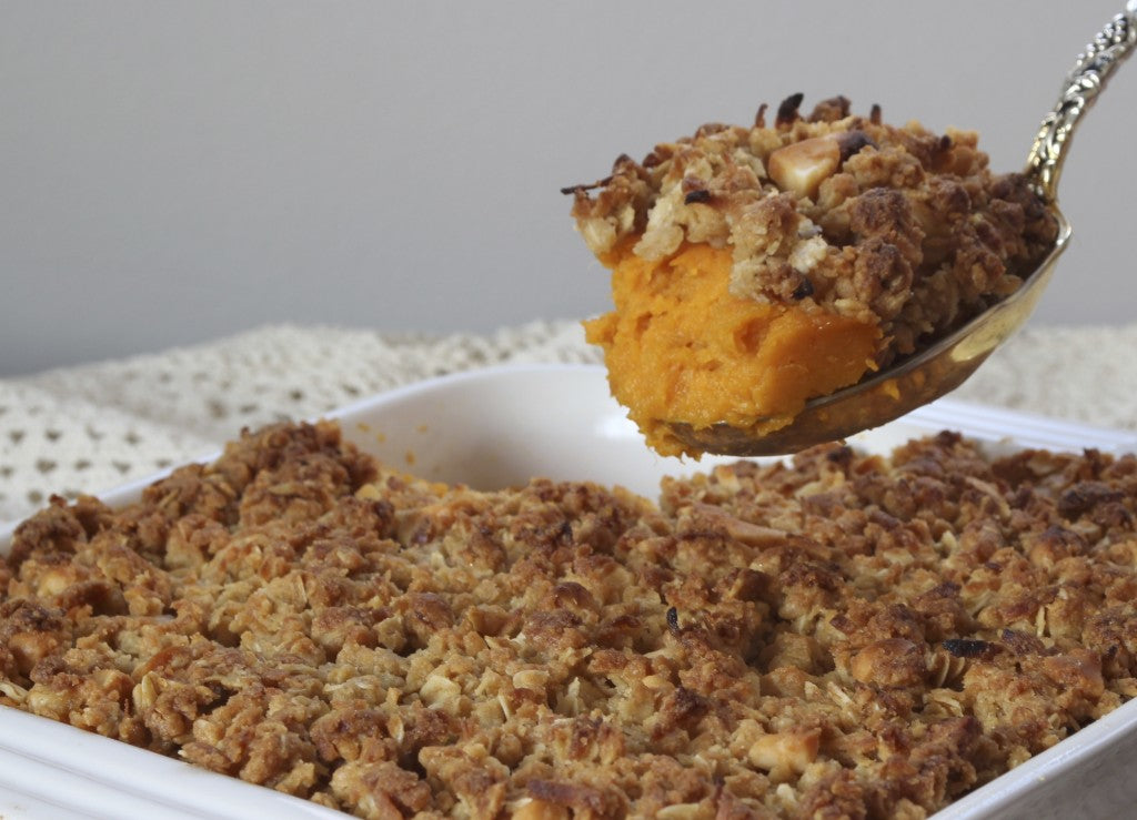 Sweet Potato Casserole with Coconut-Macadamia Topping