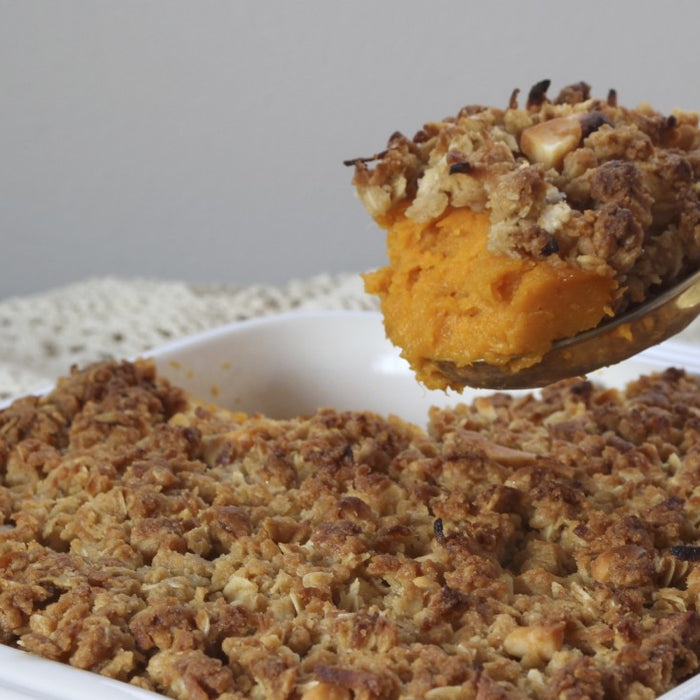 Sweet Potato Casserole with Coconut-Macadamia Topping