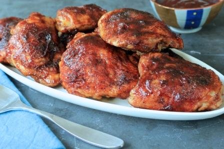 Roasted Chicken Thighs with Raspberry-Passion Barbecue Sauce