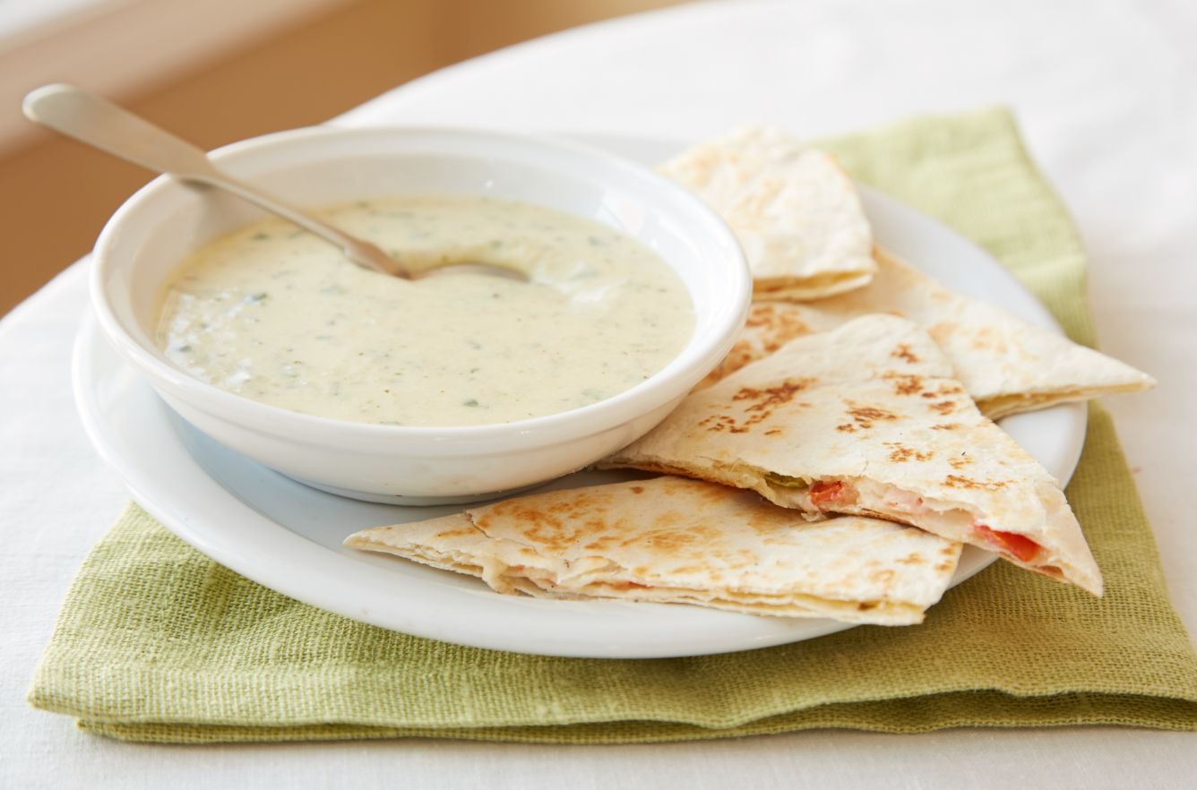 Cream of Tomatillo Soup with Pico-Jack Grilled Quesadillas