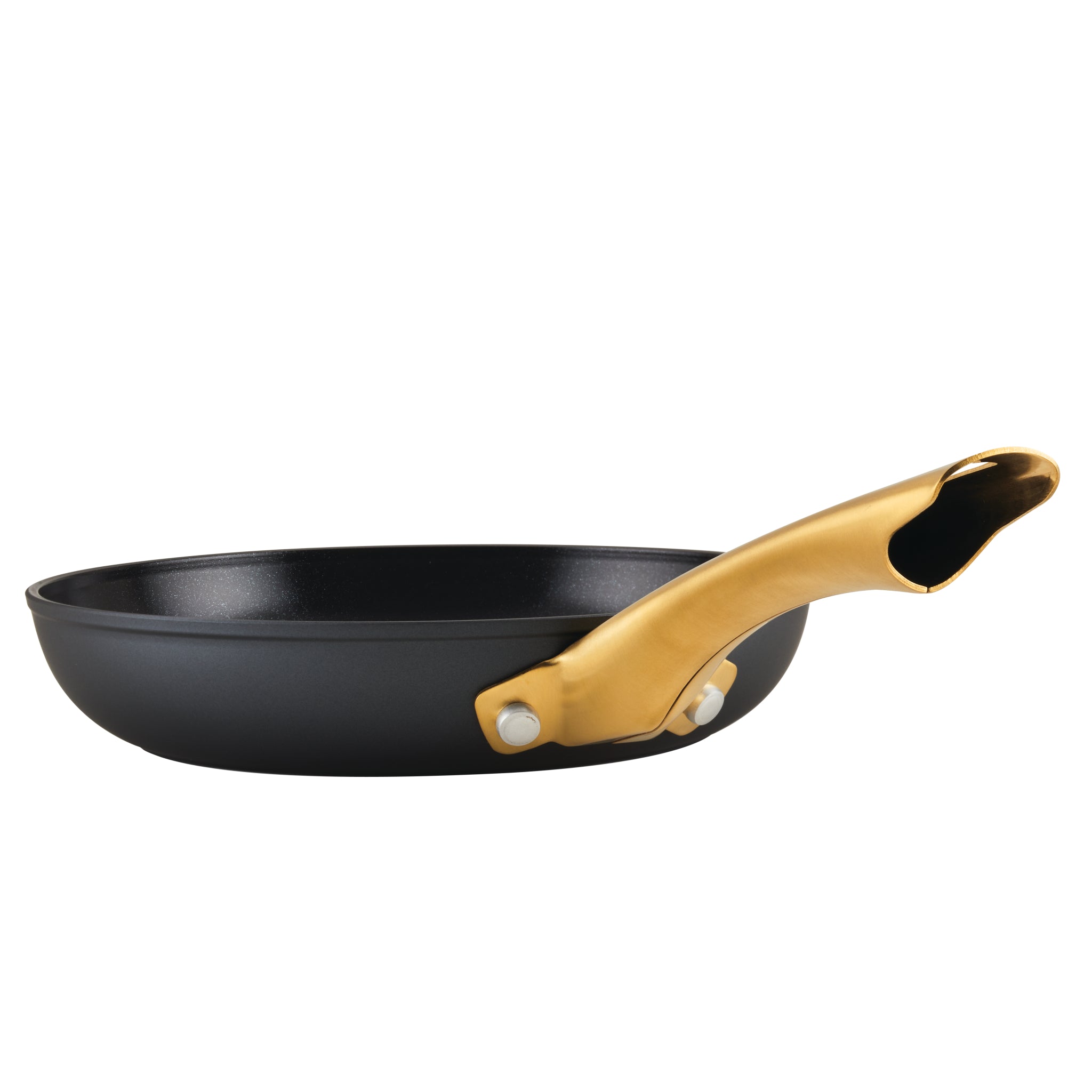 The Forged Induction Ceramic 8.25-Inch Frying Pan features a black design with a gold handle, crafted from forged aluminum for consistent heat distribution.