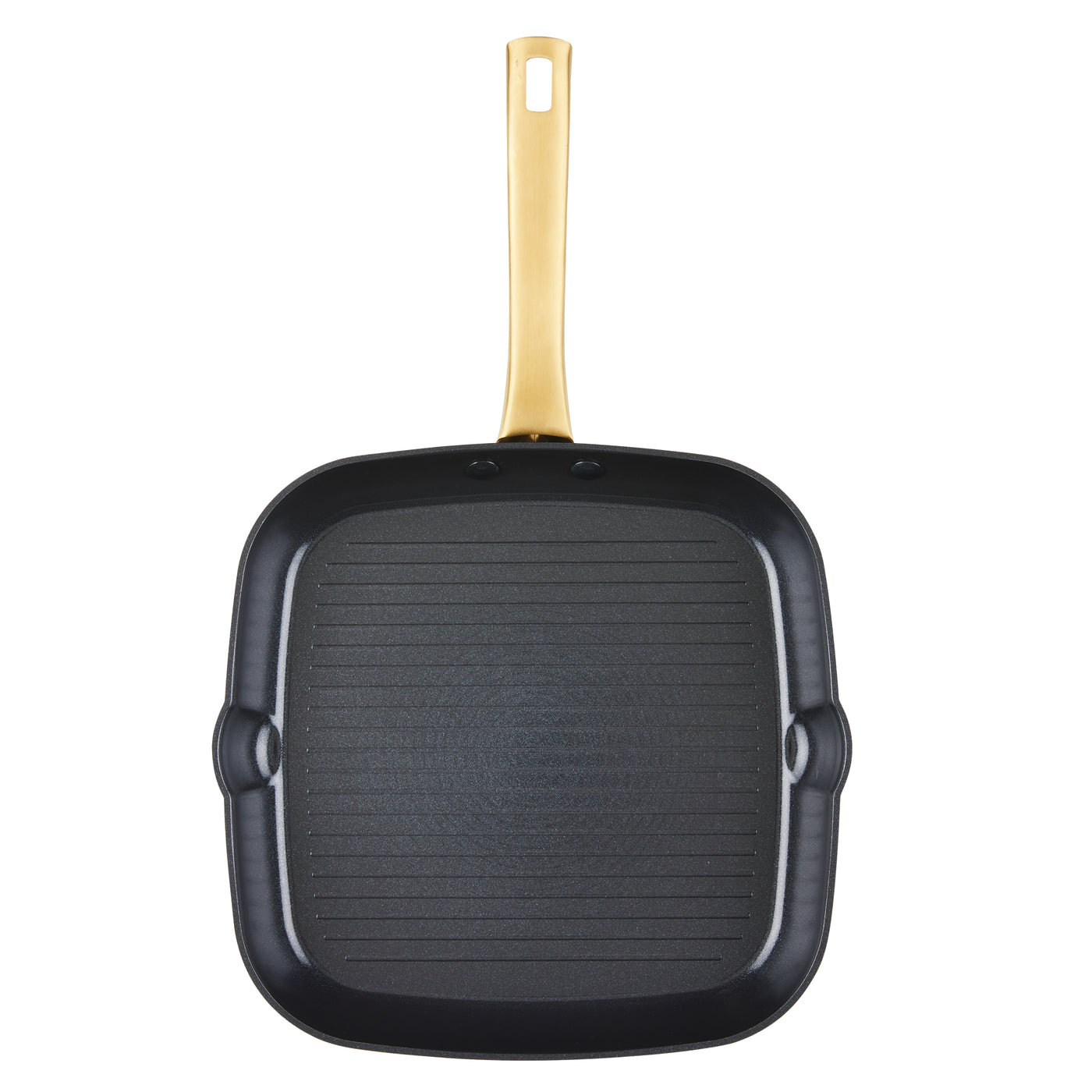 The Forged Induction Ceramic 11-Inch Square Grill Pan is a black square pan made from durable forged aluminum, boasting a long yellow handle. Its induction-compatible ceramic nonstick surface guarantees even cooking and simplifies the cleaning process.