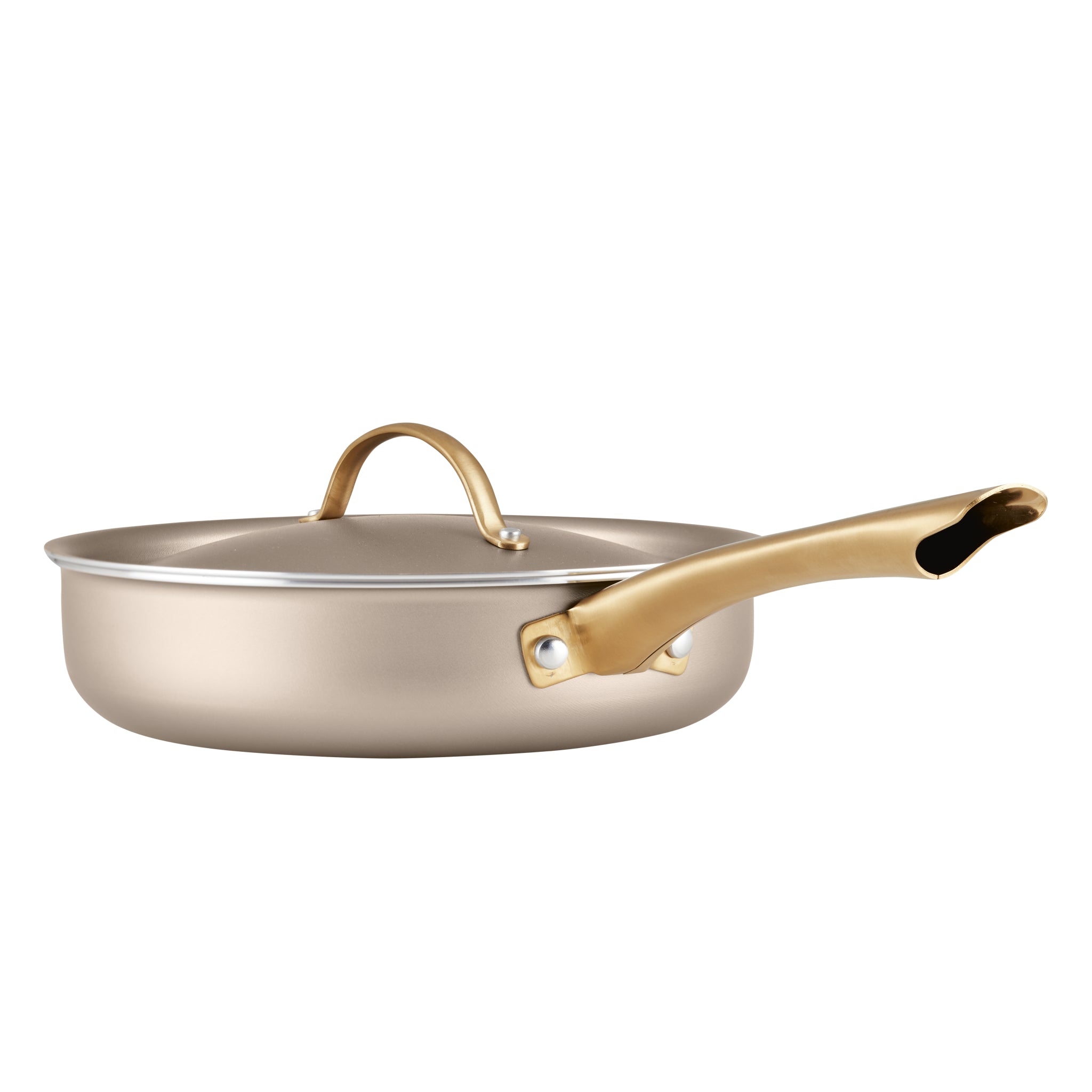 Radiant Nonstick 2.75-Quart Saute Pan With Lid boasts even heat distribution and comes with an elegant gold handle, shown from the side.