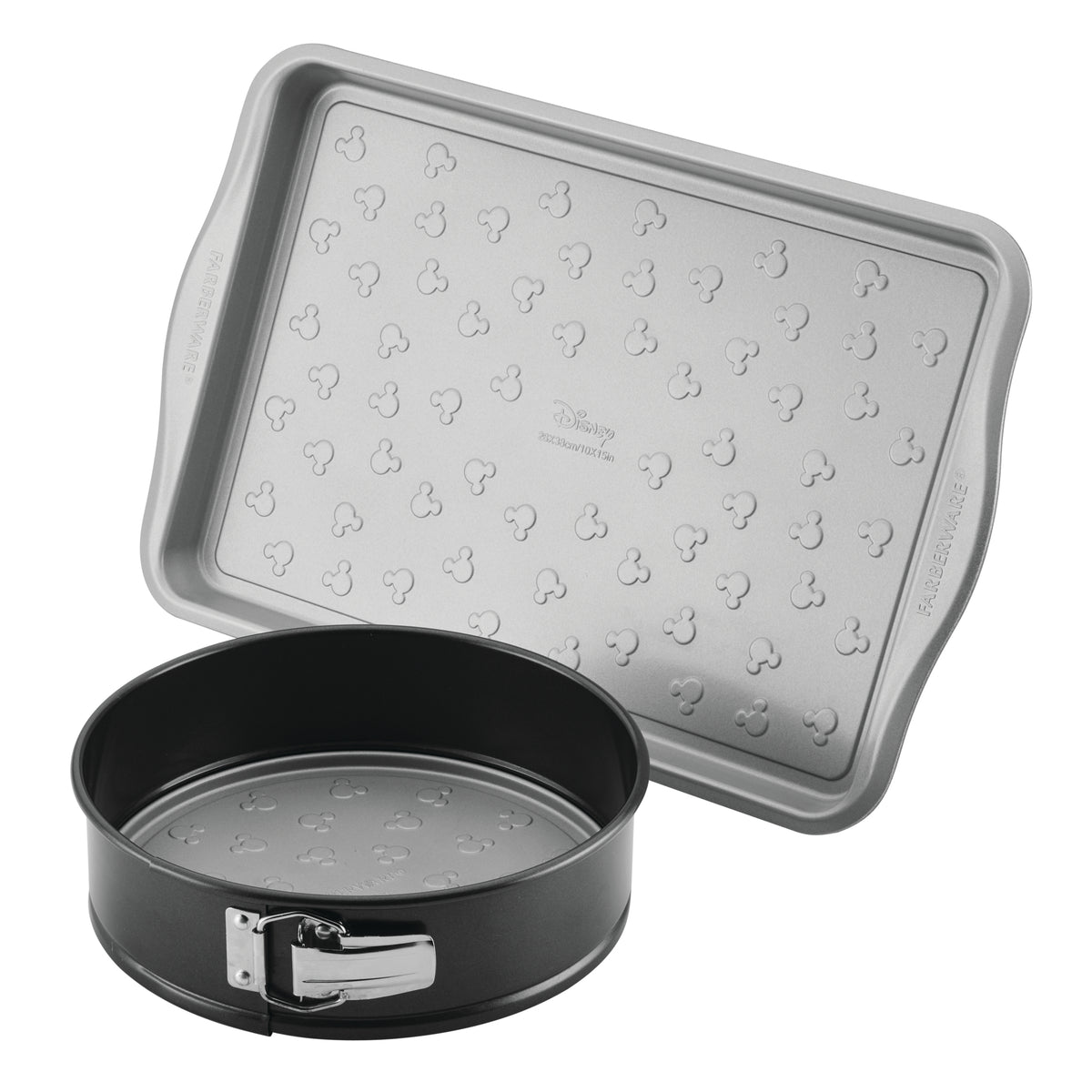 Two metal baking pans, one rectangular, one round with a latch.