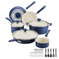 Blue 14-Piece Ceramic Nonstick Cookware Set with glass lids and utensils.