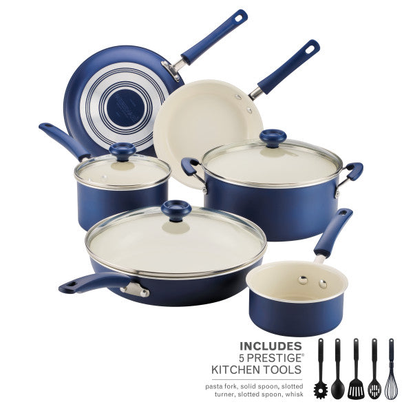 Blue 14-Piece Ceramic Nonstick Cookware Set with glass lids and utensils.