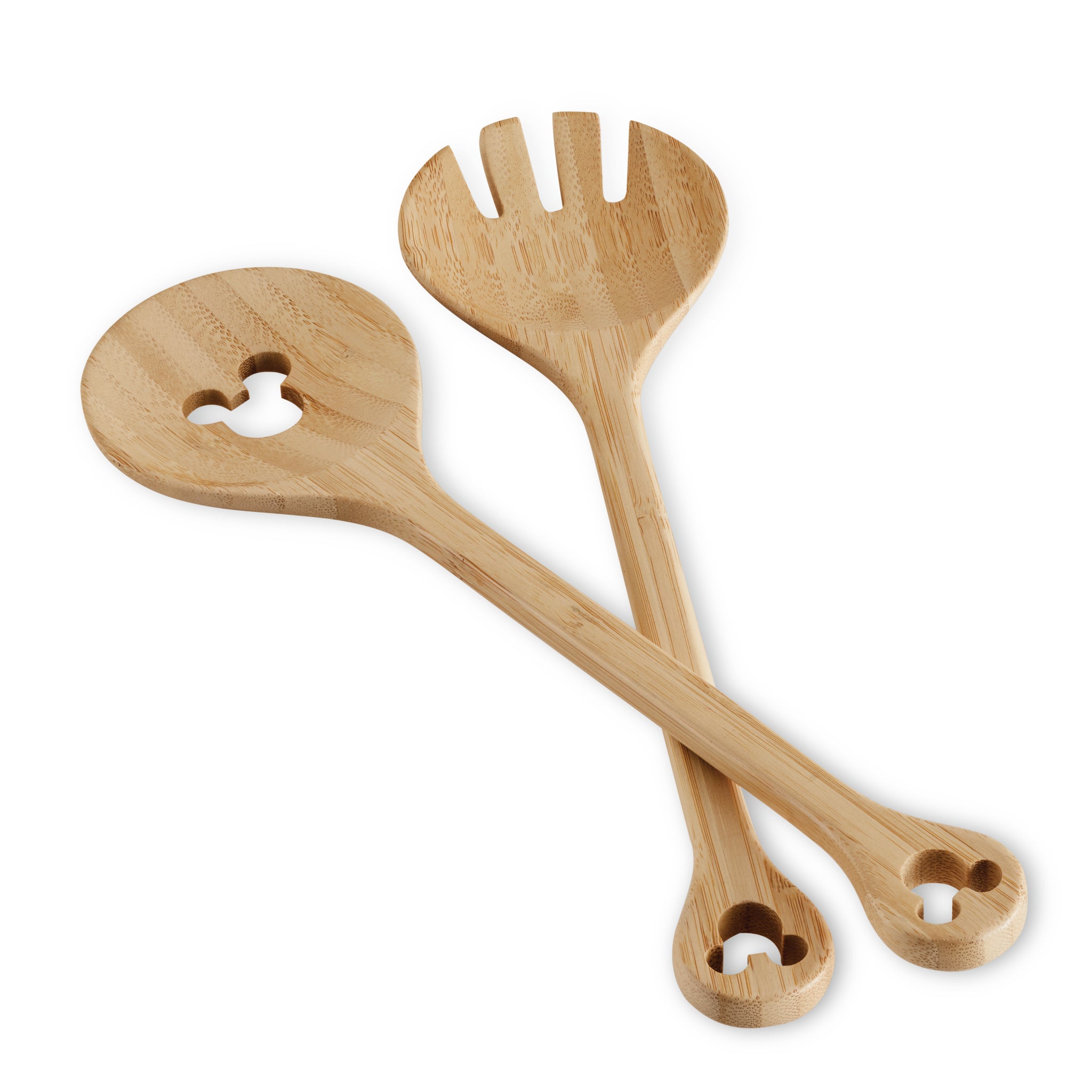 This 2-Piece Bamboo Salad Server Set is part of the Disney Home Monochrome collection and includes two wooden servers with cut-out designs on a white background.