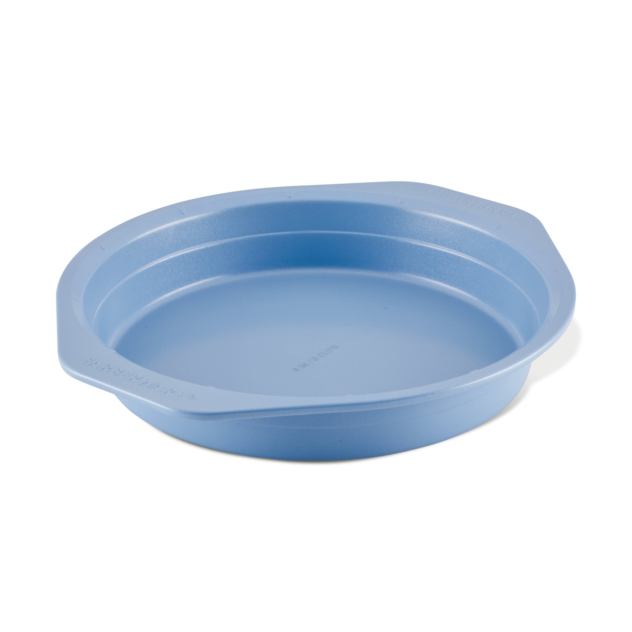 The 9-Inch Round Nonstick Cake Pan is a blue, round silicone pan with handles on a white background, offering nonstick properties for easy release and the convenience of being dishwasher-safe.