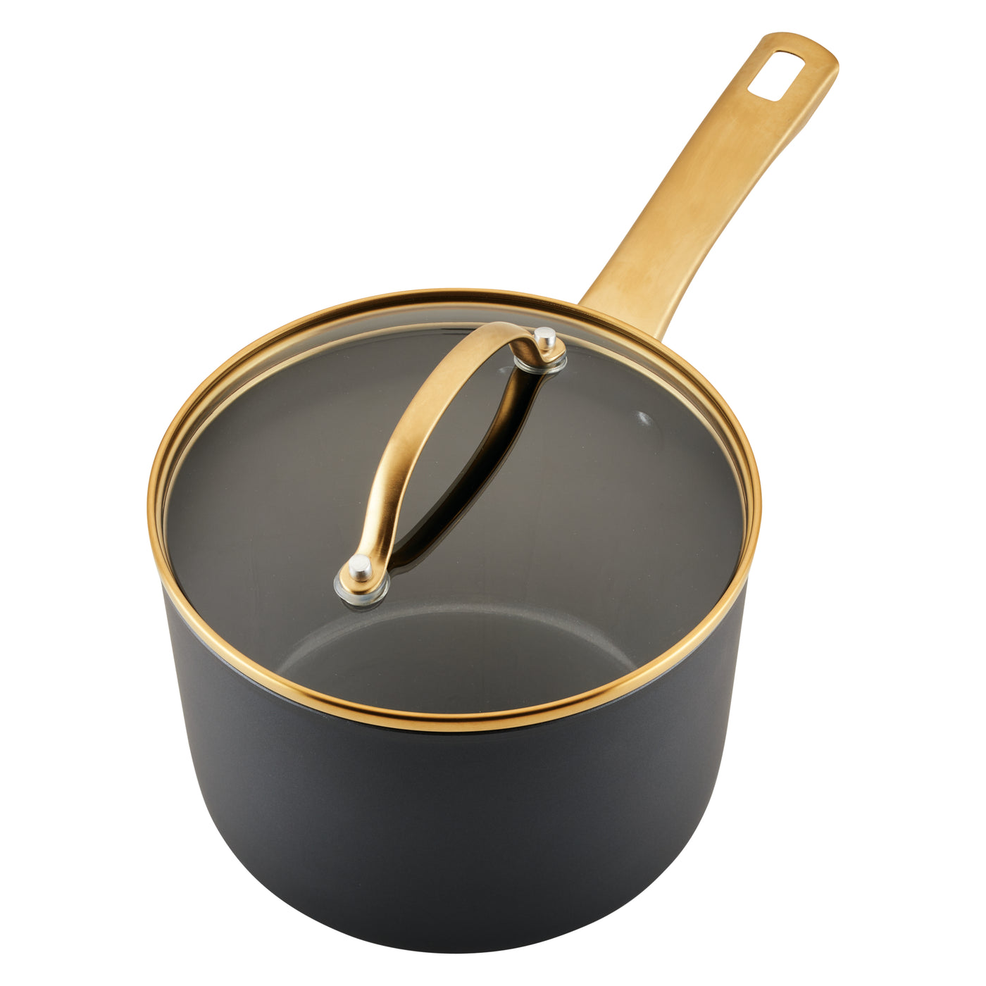 The Forged Induction Ceramic 3-Quart Sauce Pan With Lid features a black exterior and a glass lid, complemented by a striking gold handle. Made from forged aluminum, it boasts steel bases for added durability and an induction-compatible ceramic nonstick surface that allows for smooth cooking and effortless cleaning.