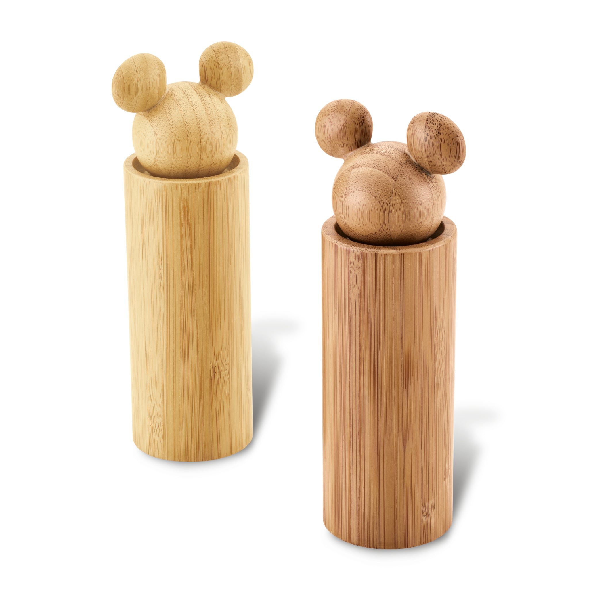 Two Salt and Pepper Grinders, designed with wooden cylindrical bodies and round, ear-like features on top, add a Mickey Mouse charm to your dining table.