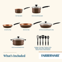 The 14-Piece Ceramic Nonstick Cookware Set and accompanying kitchen tools are elegantly displayed on a light background, with each piece featuring the convenience of being dishwasher-safe.