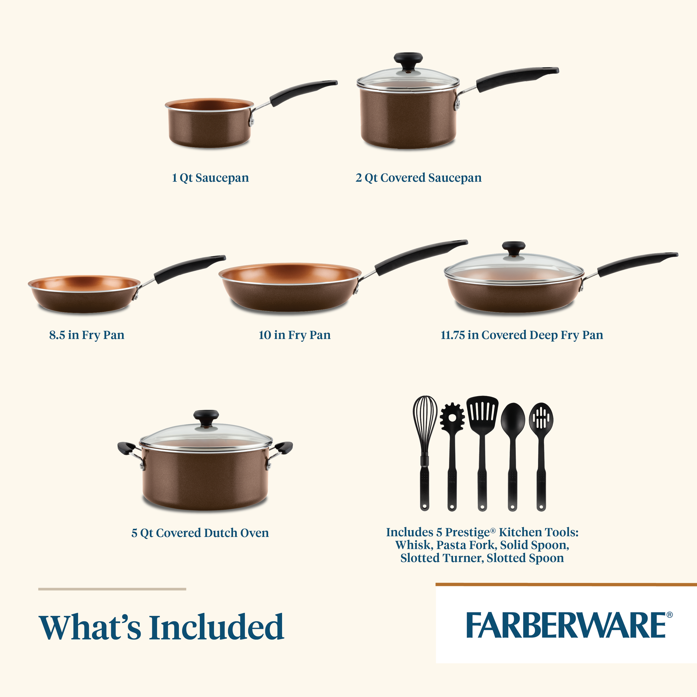 The 14-Piece Ceramic Nonstick Cookware Set and accompanying kitchen tools are elegantly displayed on a light background, with each piece featuring the convenience of being dishwasher-safe.