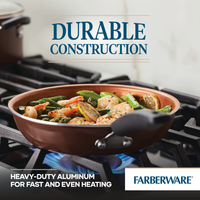 Preparing shrimp and vegetables using the 14-Piece Ceramic Nonstick Cookware Set on a gas stove.