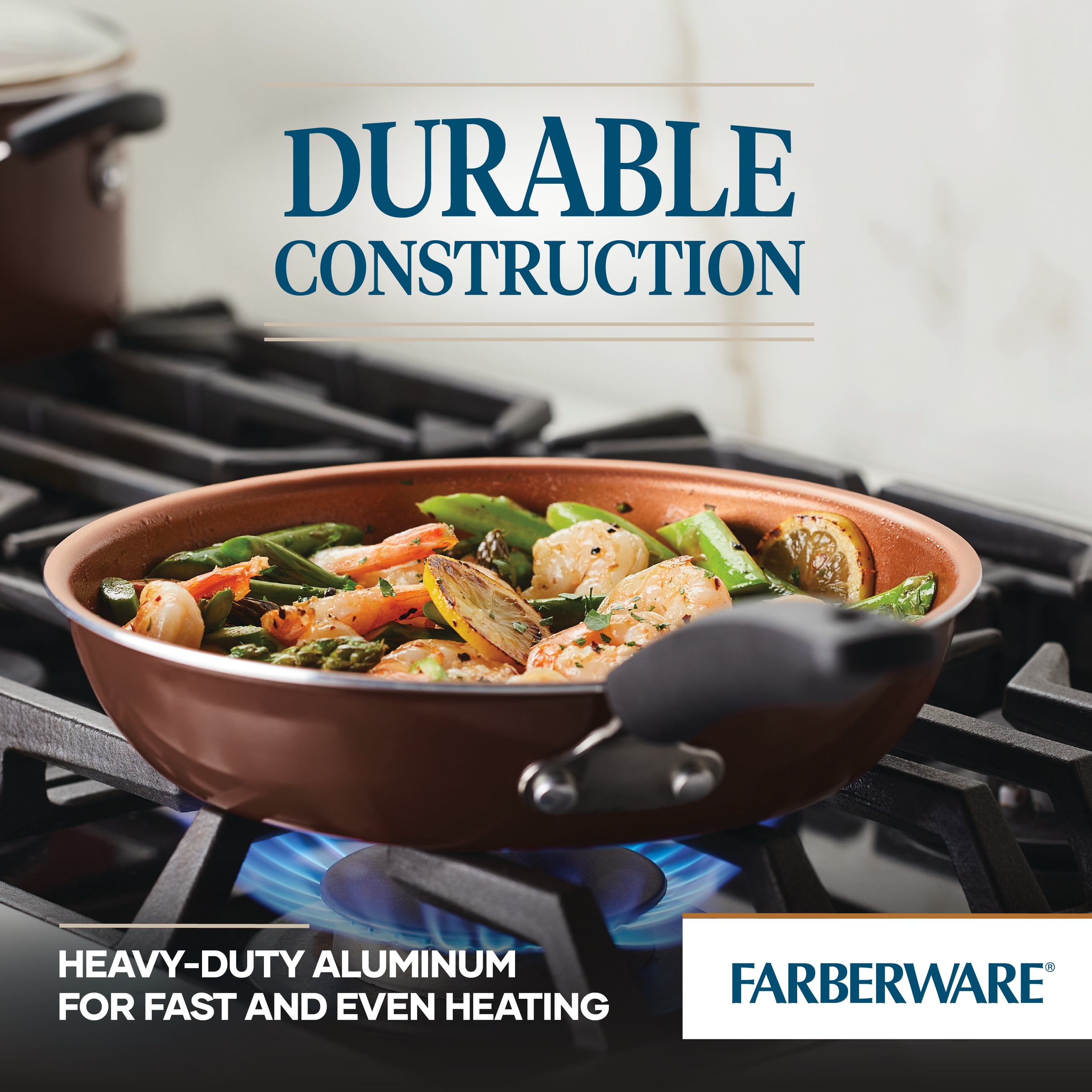 Preparing shrimp and vegetables using the 14-Piece Ceramic Nonstick Cookware Set on a gas stove.