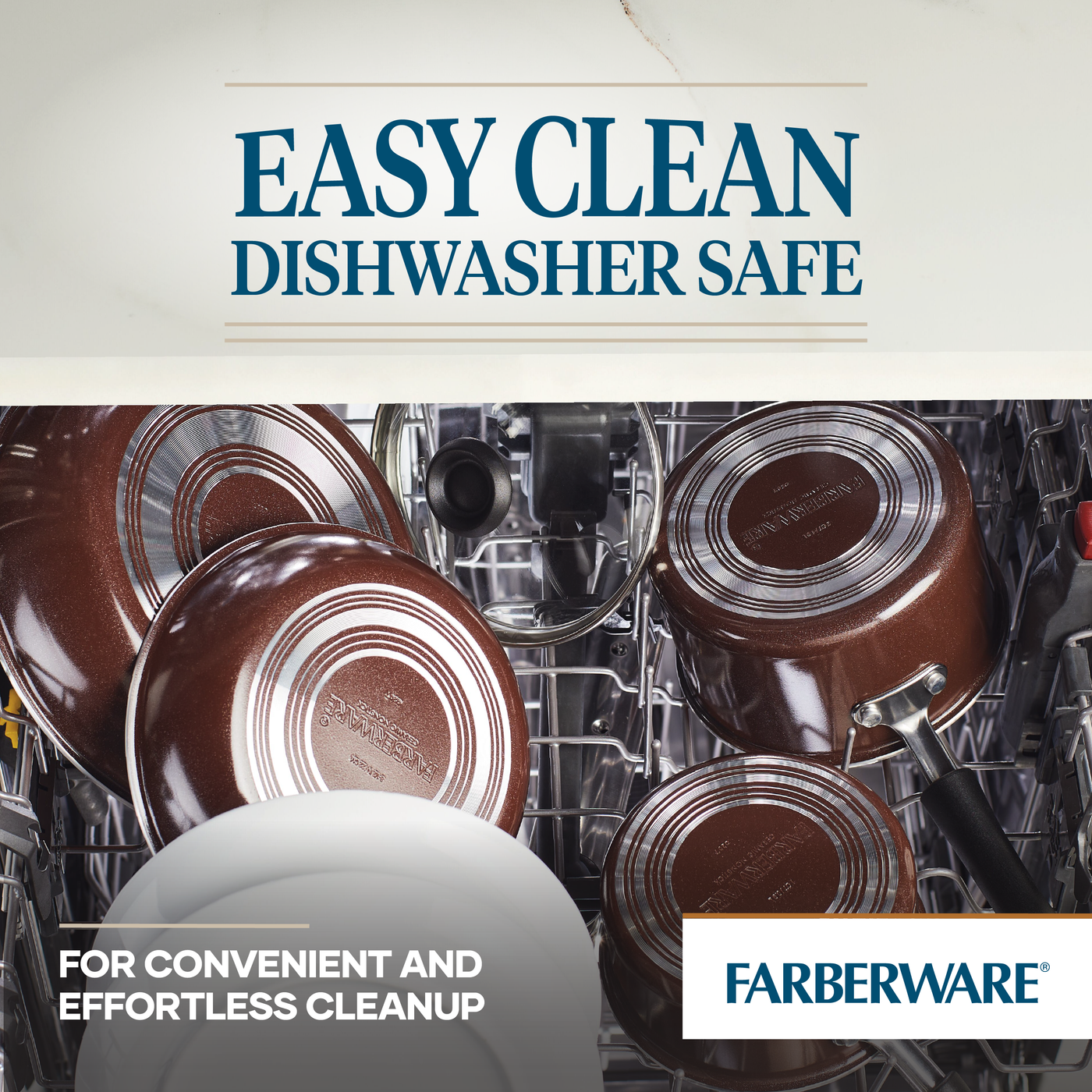 14-Piece Ceramic Nonstick Cookware Set in a dishwasher with the text "Easy Clean, Dishwasher Safe Cookware Set.