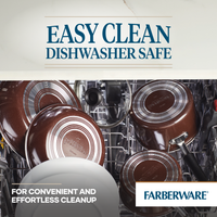 14-Piece Ceramic Nonstick Cookware Set in a dishwasher with the text "Easy Clean, Dishwasher Safe Cookware Set.