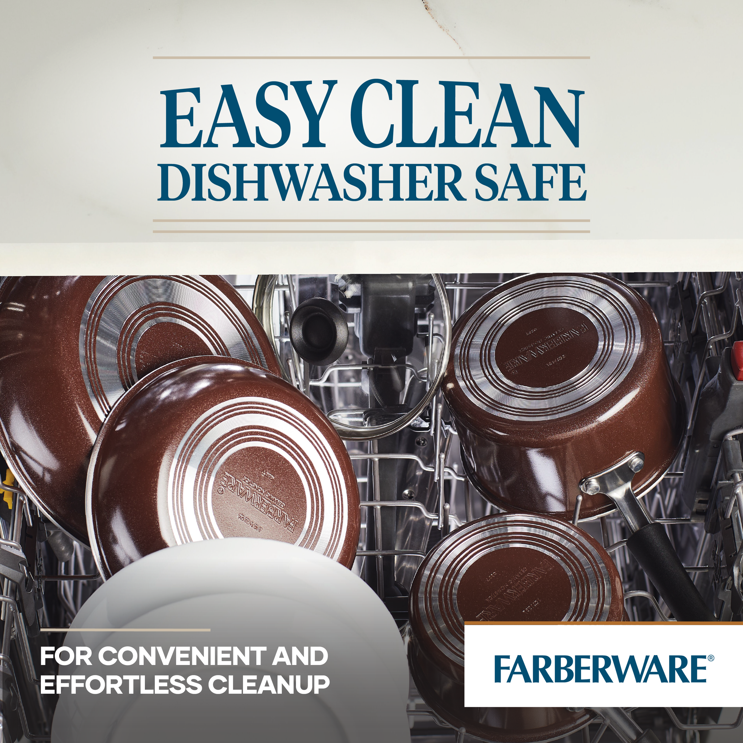 14-Piece Ceramic Nonstick Cookware Set in a dishwasher with the text "Easy Clean, Dishwasher Safe Cookware Set.