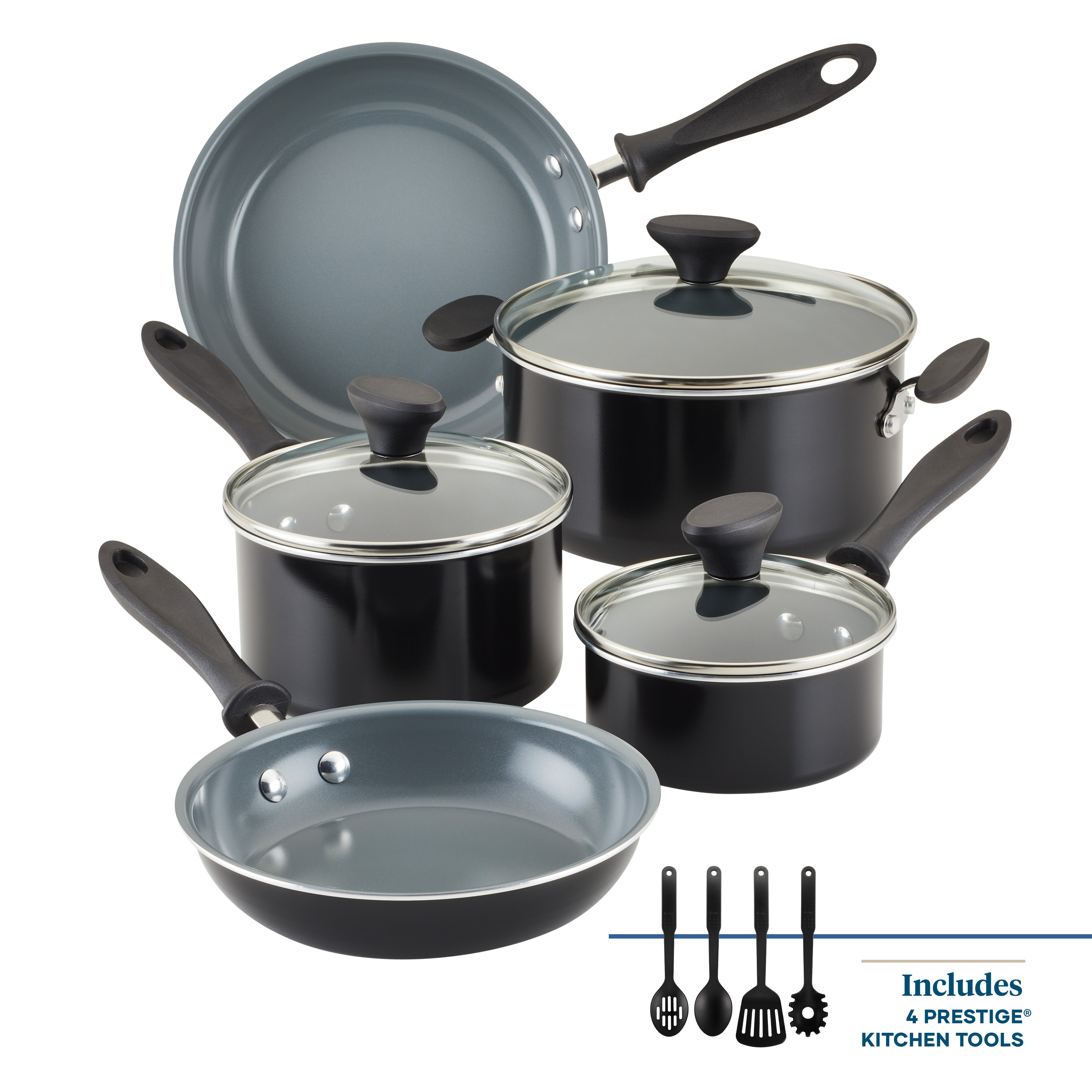 12-Piece Cookware Set featuring three pots, a pan, and four kitchen tools.