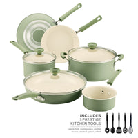 14-piece ceramic nonstick cookware set with glass lids and kitchen tools.