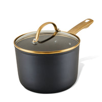 A Forged Induction Ceramic 3-Quart Sauce Pan With Lid crafted from forged aluminum, featuring a gold handle, a clear lid, and an induction-ready ceramic nonstick interior.