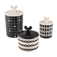 Introducing the 3 Piece Set of Ceramic Jars with Airtight Lids, each featuring whimsical Mickey Mouse ears atop their lids and showcasing an elegant black and white design. Ideal for Disney Mickey Mouse fans eager to sprinkle some enchantment in their kitchen.