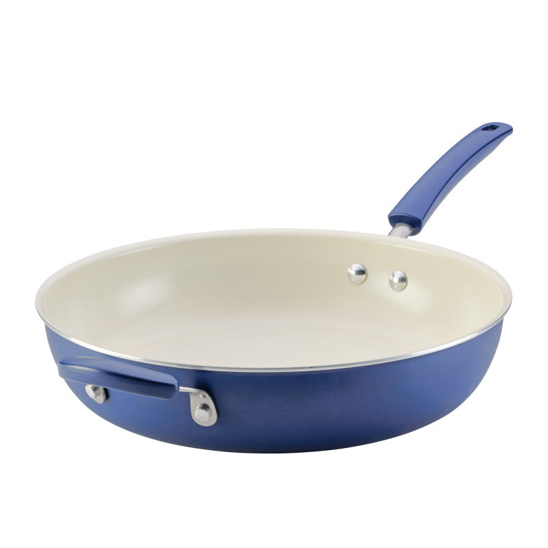 Blue 12.5-inch ceramic nonstick frying pan with fast heating and side handle.