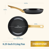 The Forged Induction Ceramic 8.25-Inch Frying Pan boasts a striking gold handle and an induction-compatible, ceramic nonstick black surface, constructed from robust forged aluminum for exceptional heat distribution.