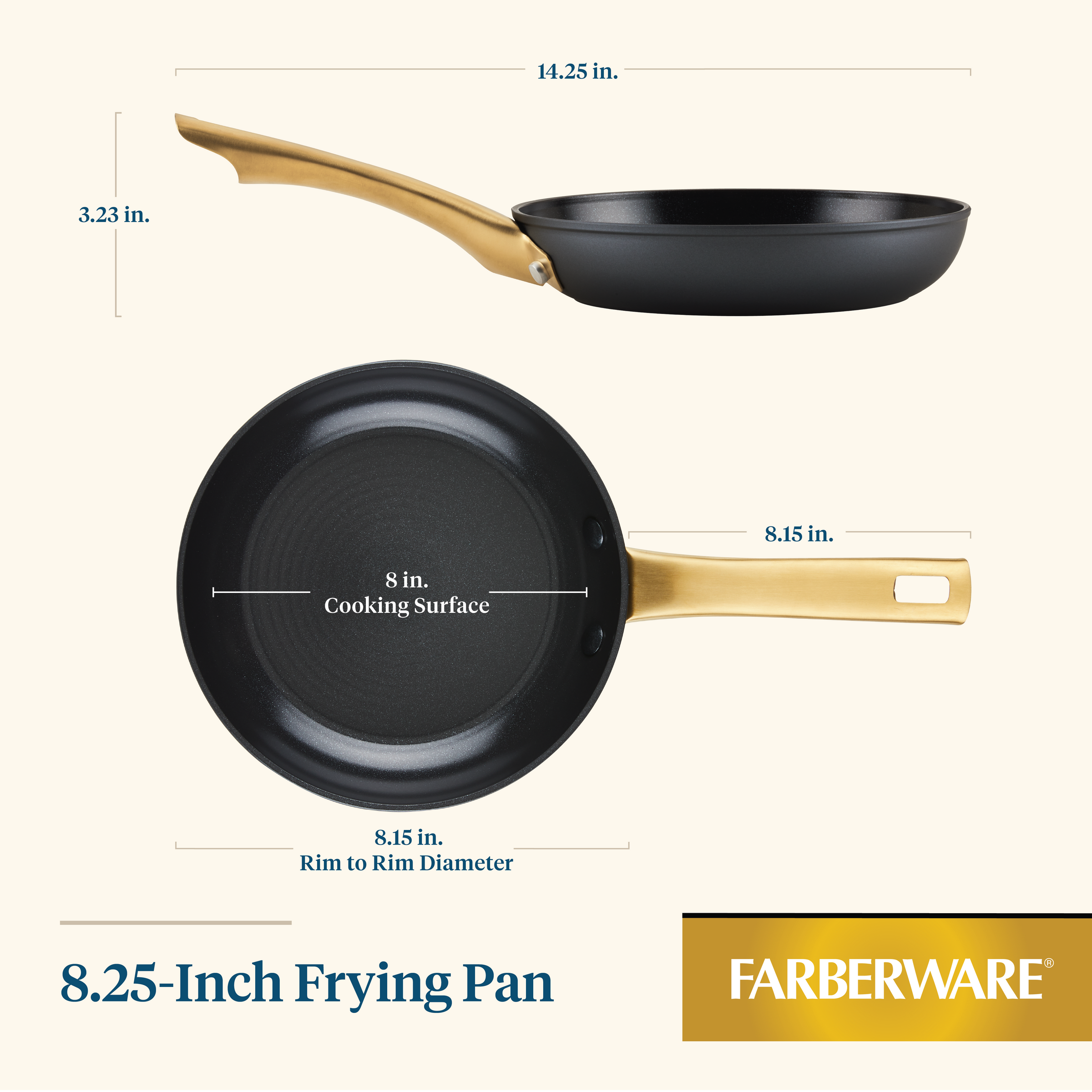 The Forged Induction Ceramic 8.25-Inch Frying Pan boasts a striking gold handle and an induction-compatible, ceramic nonstick black surface, constructed from robust forged aluminum for exceptional heat distribution.