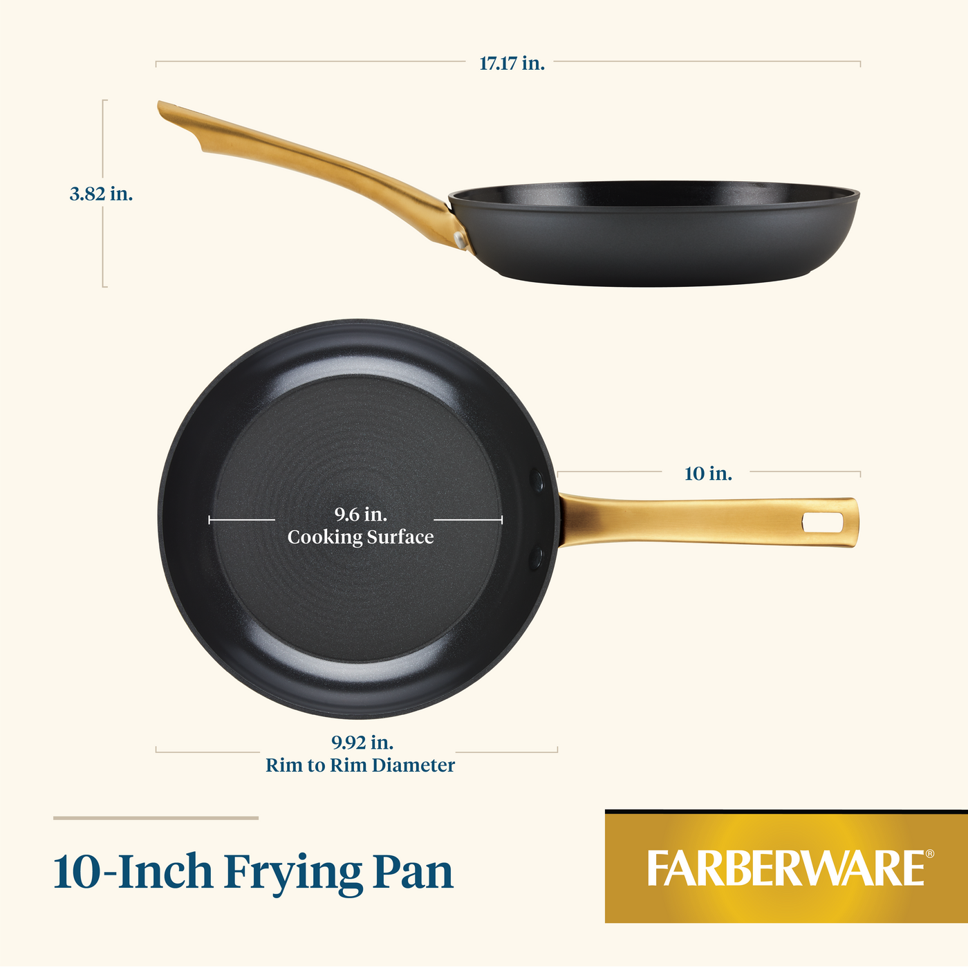 The Forged Induction Ceramic 10-Inch Frying Pan is crafted from forged aluminum, featuring a golden handle, induction-ready ceramic nonstick coating, and sturdy steel bases.