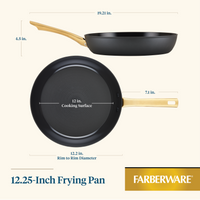 The Forged Induction Ceramic 12.25-Inch Frying Pan showcases a chic gold handle and specified dimensions, with a generous 12-inch cooking surface. Made from forged aluminum, it features an induction-ready ceramic nonstick coating and robust steel bases for superior heat distribution.