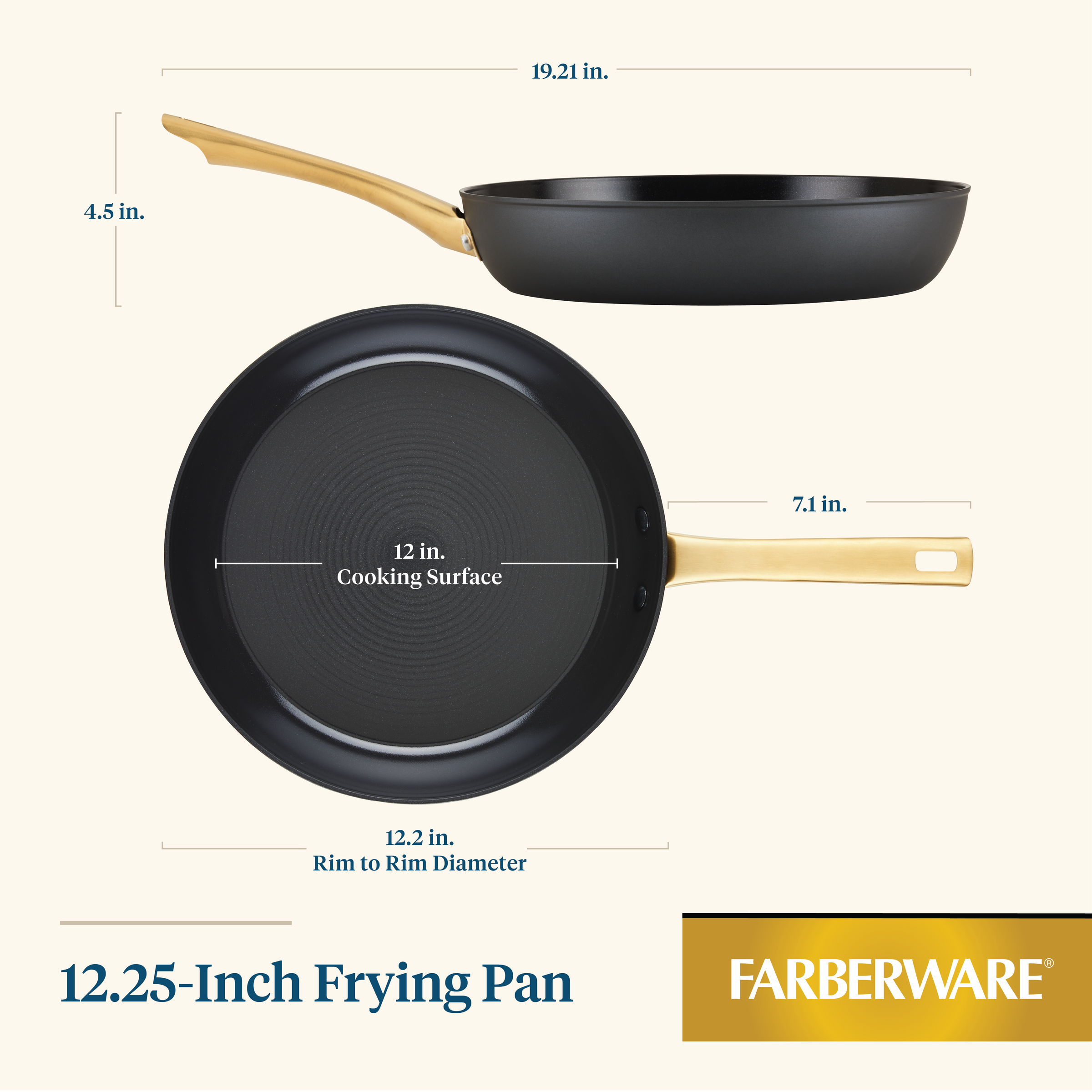 The Forged Induction Ceramic 12.25-Inch Frying Pan showcases a chic gold handle and specified dimensions, with a generous 12-inch cooking surface. Made from forged aluminum, it features an induction-ready ceramic nonstick coating and robust steel bases for superior heat distribution.