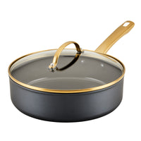 Forged Induction 3-Quart Saute Pan with glass lid and gold handle.